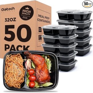 Two-Compartment Meal Prep Containers (50-Pack, 32 oz) Reusable Food Storage Containers with Lids – Perfect for Meal Planning, Lunches, and On-the-Go Meals – Microwave, Freezer, and Dishwasher Safe.