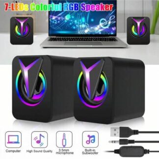 Dazone 2pcs RGB Mini USB Wired Computer Speakers – 3.5mm Stereo Sound Bar for PC & Laptop (7-Color)