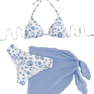 SHENHE Women's 3 Piece Floral Bikini Set with Wrap Coverup Halter Triangle Swimsuits
