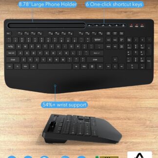 Wireless keyboard and mouse set with Ergonomic Wrist Rest, Phone Holder, Silent Keyboard Cordless Set for Computer, Batteries Included, Laptop, PC, Mac, Windows