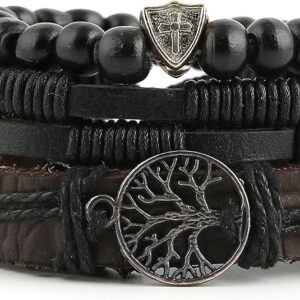 Leather Tree of life Bracelets Men Women, Tiger Eye Natural Stone Lava Rock Beads Ethnic Tribal Elastic Bracelets Wristbands