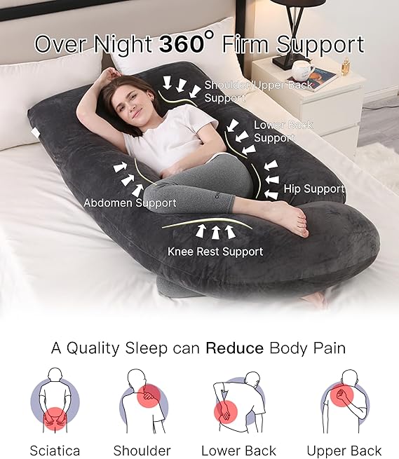 Pregnancy Pillow, Full Body 57 Inch Maternity Pillow with Removable Washable Cover - Sleep Support for Legs, Back, Neck, Shoulder, HIPS, Belly for Pregnent Women, Black Grey Velvet Cover - Image 3