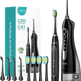 COSLUS Portable Water Flosser with Electric Toothbrush Combo: 2-in-1 Oral Clean Kit for Teeth, Braces, Gums Care - Brushing & Flossing for Adults, Family, Travel Use, BPA-Free, Black